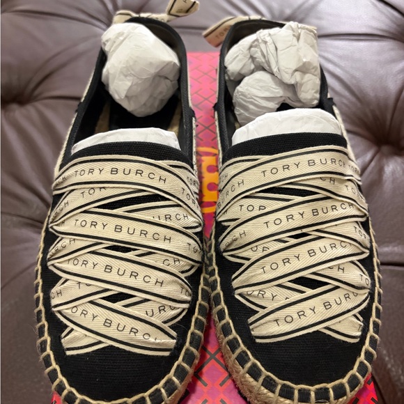 Tory Burch Black Canvas Espadrille Flats with Cream Logo Ribbon - Picture 2 of 4